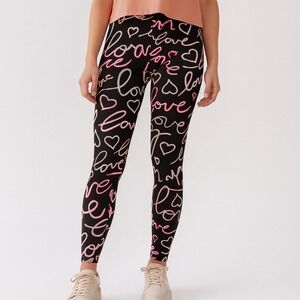 No Boundaries Leggings S Black Pink Love Hearts Print Casual Athleisure